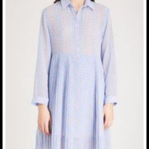 Sandro Light Blue Check Collared Long-Sleeve Midi Dress